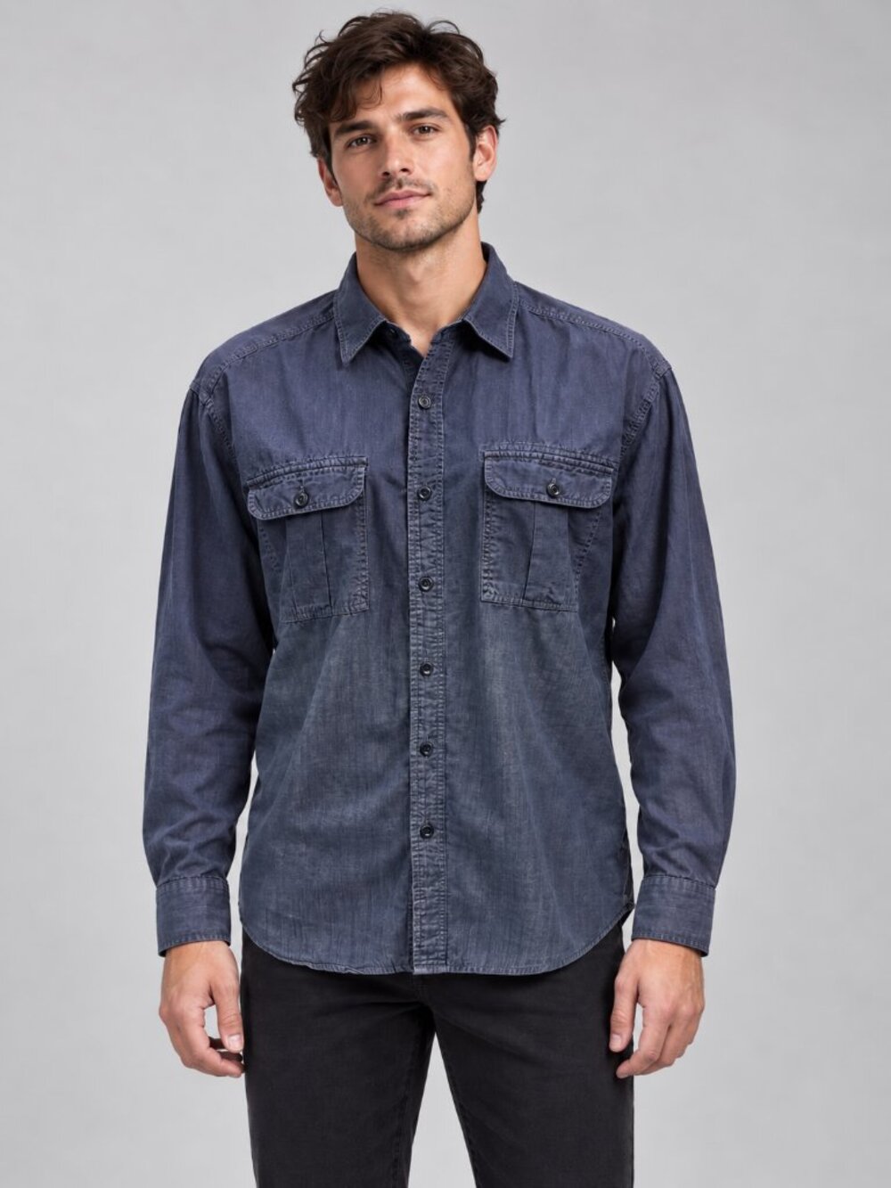 Sean John Men's M Blue Cotton Tailored Fit Button Down Shirt Flap